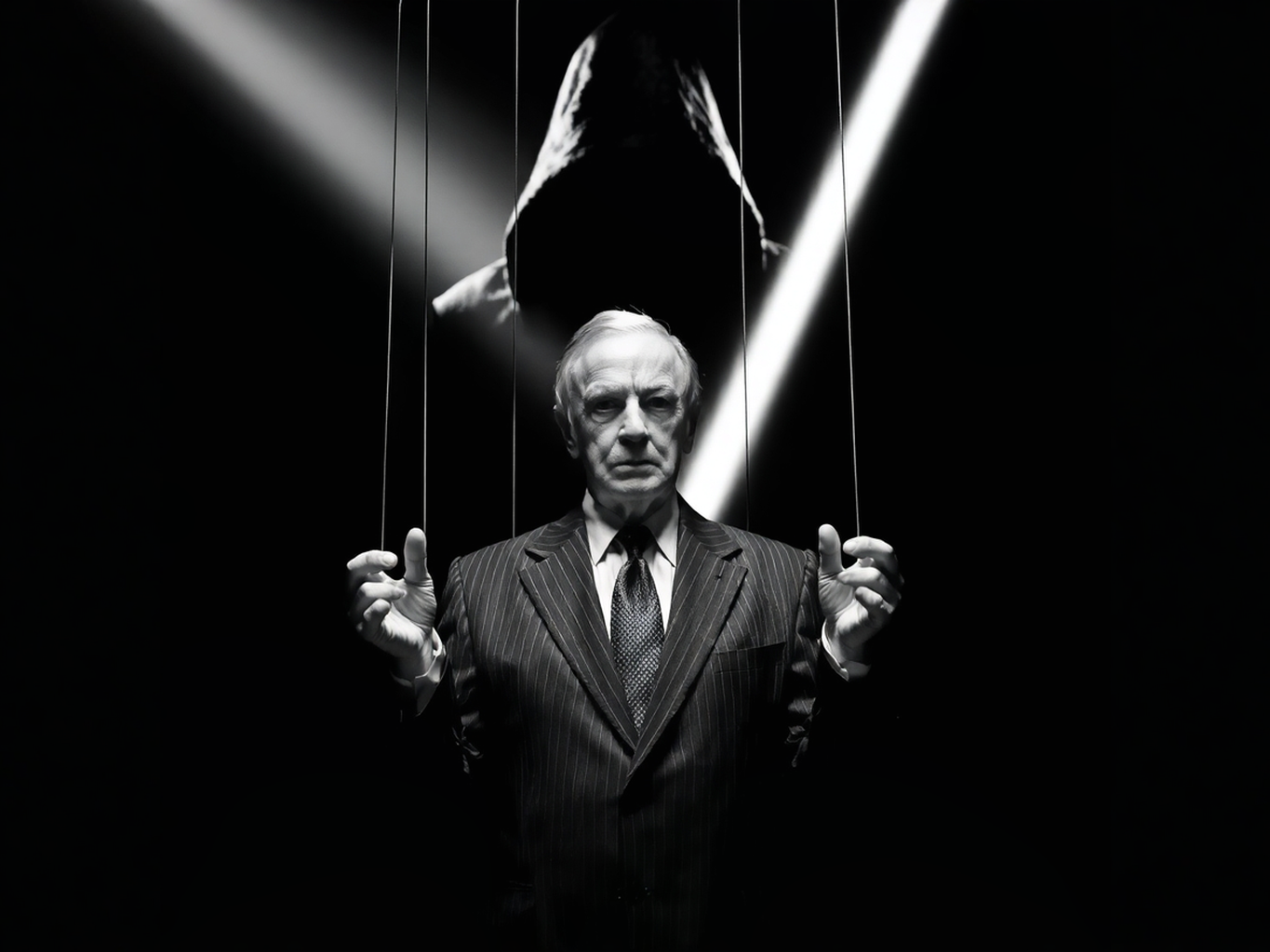 A shadowy figure controlling a businessman like a puppet