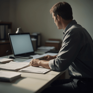 Image of man at desk, facing laptop. papers on desk